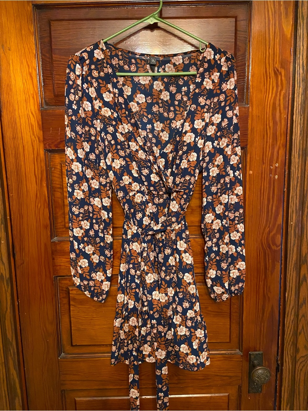 Alya Navy Floral Wrap Dress with Brown and Cream Blooms